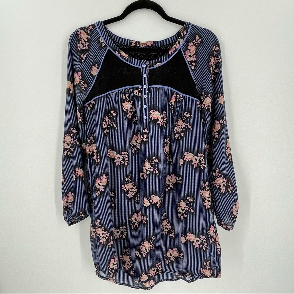 Free People Floral Stripe Tunic Dress Long Sleeve